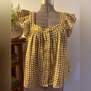 NEW EF India Top Shirt Flutter Sleeve  Blouse Gingham Organic Cotton MEDIUM